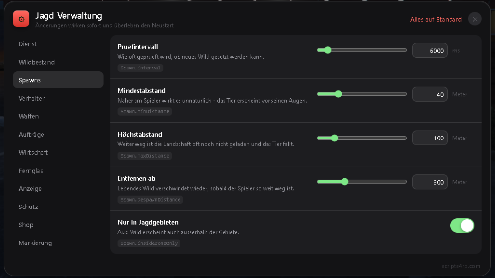 Verwaltung – Spawn-Abstände und Jagdgebiete