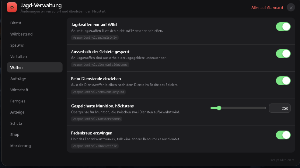 Verwaltung – Waffenregeln und Munition
